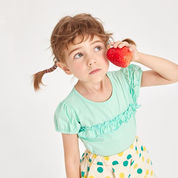

Toddler Girls Frill Trim Puff Sleeve Tee, Mint green