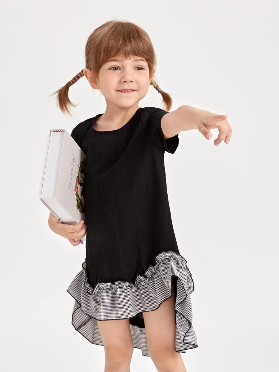 SHEIN Toddler Girls Gingham Asymmetrical Ruffle Hem Dress - Black - View 1