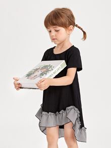 SHEIN Toddler Girls Gingham Asymmetrical Ruffle Hem Dress - Black - View 3