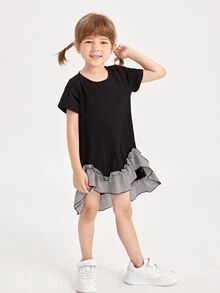 SHEIN Toddler Girls Gingham Asymmetrical Ruffle Hem Dress - Black - View 4