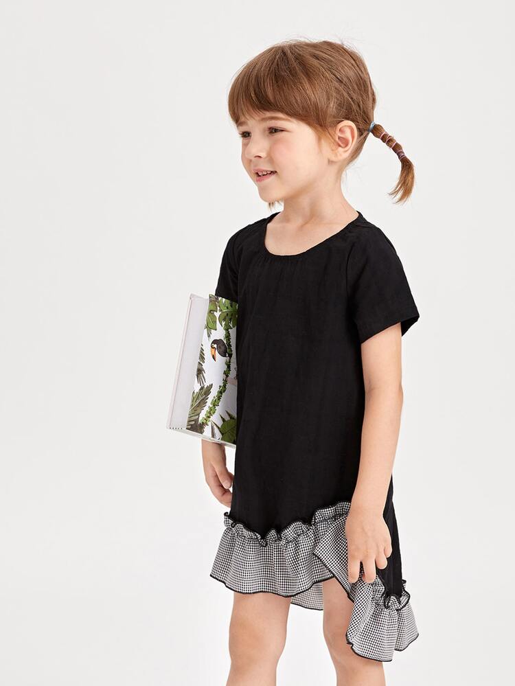 SHEIN Toddler Girls Gingham Asymmetrical Ruffle Hem Dress - Black - View 5