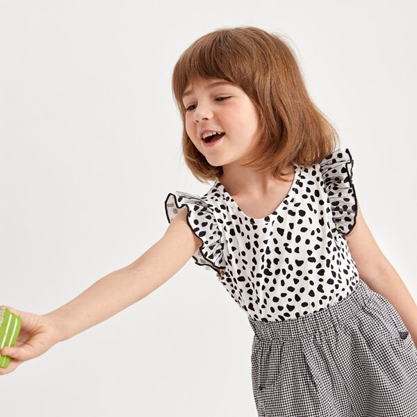 

Toddler Girls Butterfly Sleeve Dalmatian Top, Black and white