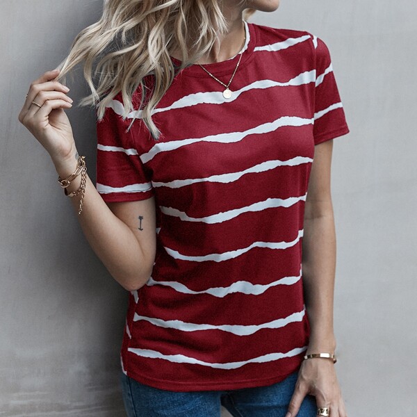

Irregular Striped Crew Neck Tee, Red