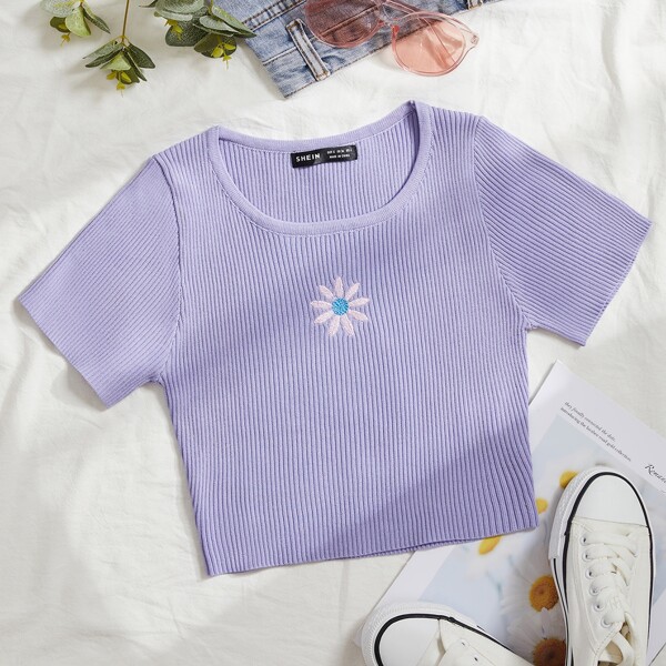 

Embroidery Floral Ribbed Knit Top, Lilac purple