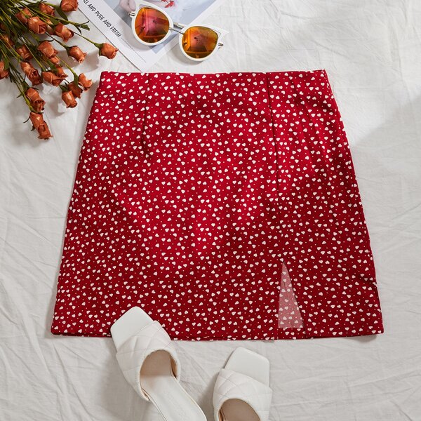 

Allover Heart Print Skirt, Red