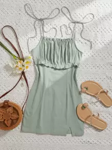 Soleia Vestido De Tirantes Sólido Con Pliegues En El Busto - verde menta - Ver 1