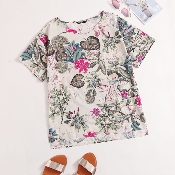 

Plus Floral High Low Blouse, Beige