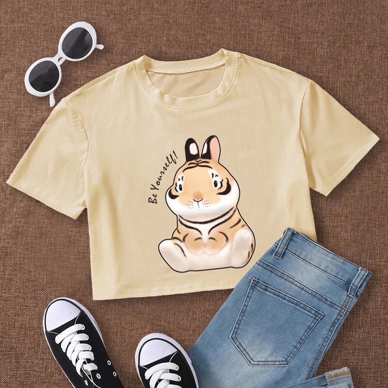 

Slogan Cartoon Graphic Crop Tee, Beige