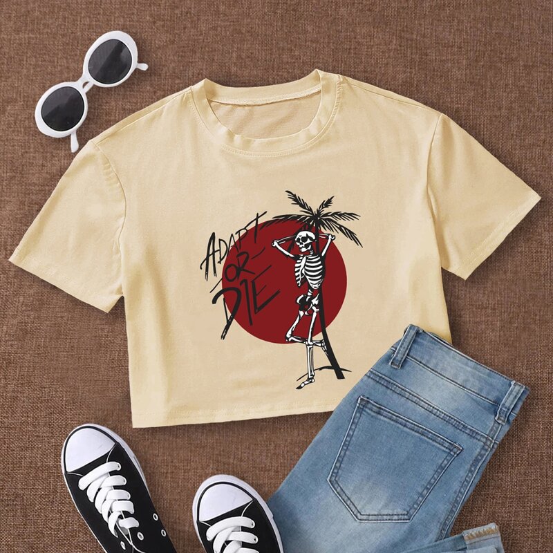 

Letter Skull Graphic Crop Boxy Tee, Beige