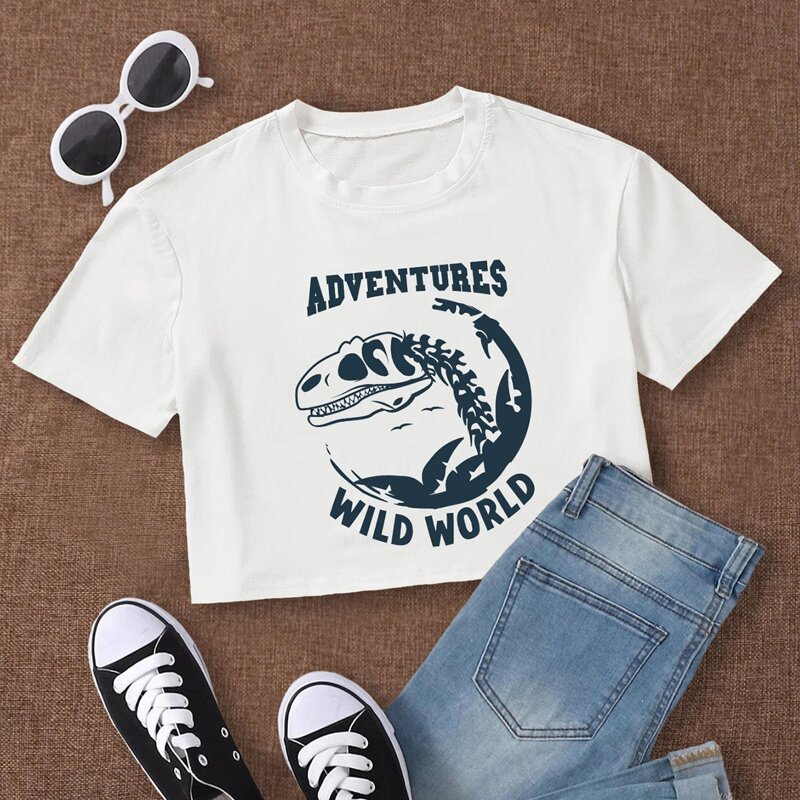 

Letter Dinosaur Skeleton Graphic Crop Tee, White