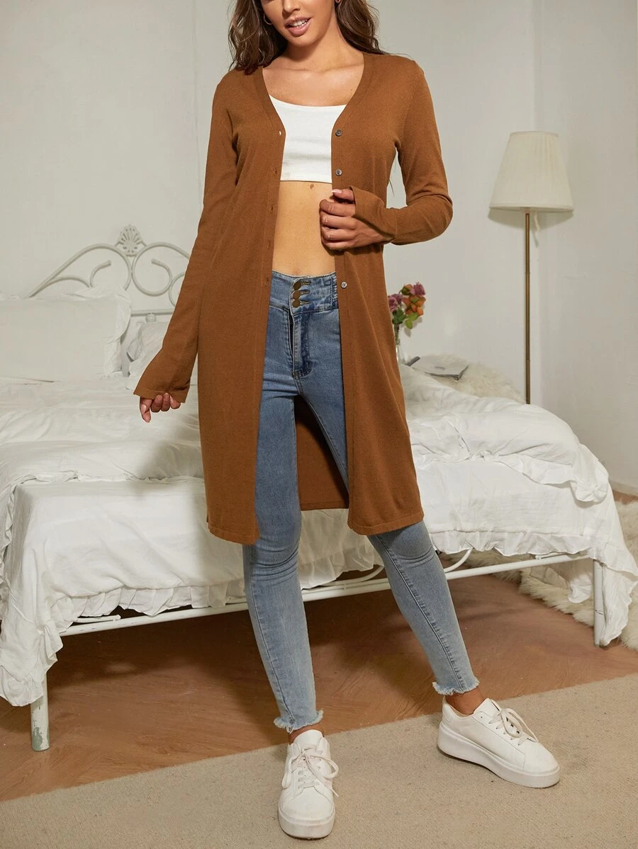 SHEIN Essnce 紐扣開衩袖素色開衫 - 棕色 - 查看 1