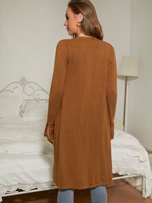 SHEIN Essnce 紐扣開衩袖素色開衫 - 棕色 - 查看 2
