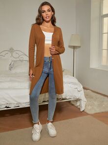 SHEIN Essnce 紐扣開衩袖素色開衫 - 棕色 - 查看 3