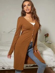 SHEIN Essnce 紐扣開衩袖素色開衫 - 棕色 - 查看 4