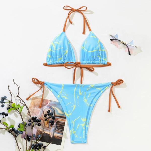 

Marble Print Halter Triangle Bikini Swimsuit, Baby blue