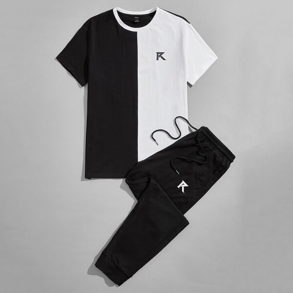 

Men Letter Graphic Colorblock Tee And Joggers Set, Black and white