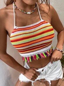 Multi-Striped Tassel Trim Backless Knit Top - Multicolor - View 1