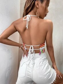 Multi-Striped Tassel Trim Backless Knit Top - Multicolor - View 2