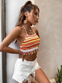 Multi-Striped Tassel Trim Backless Knit Top - Multicolor - View 3