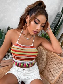 Multi-Striped Tassel Trim Backless Knit Top - Multicolor - View 5