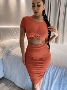 SHEIN SXY Đầm Cắt ra màu trơn Giải trí - trái cam - Xem 1