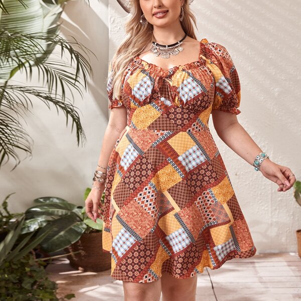 

Plus Puff Sleeve Patchwork Milkmaid Dress, Multicolor