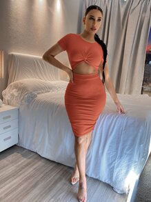 SHEIN SXY Đầm Cắt ra màu trơn Giải trí - trái cam - Xem 3