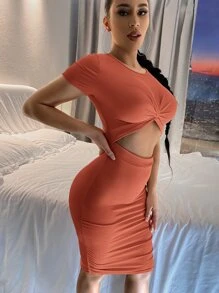 SHEIN SXY Đầm Cắt ra màu trơn Giải trí - trái cam - Xem 4