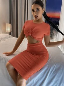 SHEIN SXY Đầm Cắt ra màu trơn Giải trí - trái cam - Xem 5