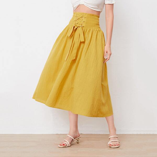 

Lace Up Shirred Waist Skirt, Yellow