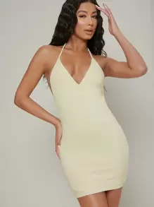 SHEIN BAE 包臀後開式繞頸迷你連衣裙 - 米色 - 查看 2