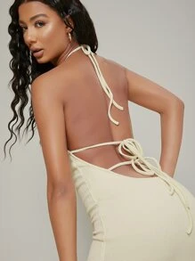 SHEIN BAE 包臀後開式繞頸迷你連衣裙 - 米色 - 查看 3