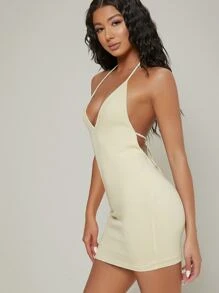SHEIN BAE 包臀後開式繞頸迷你連衣裙 - 米色 - 查看 4