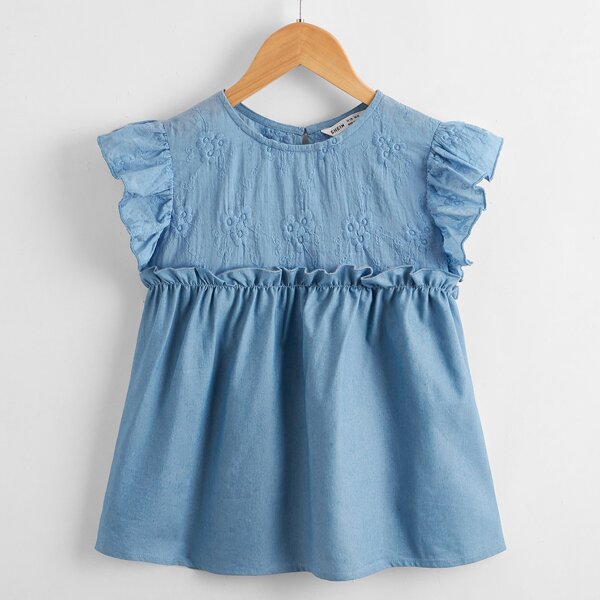 

Girls Ruffle Trim Schiffy Yoke Top, Dusty blue