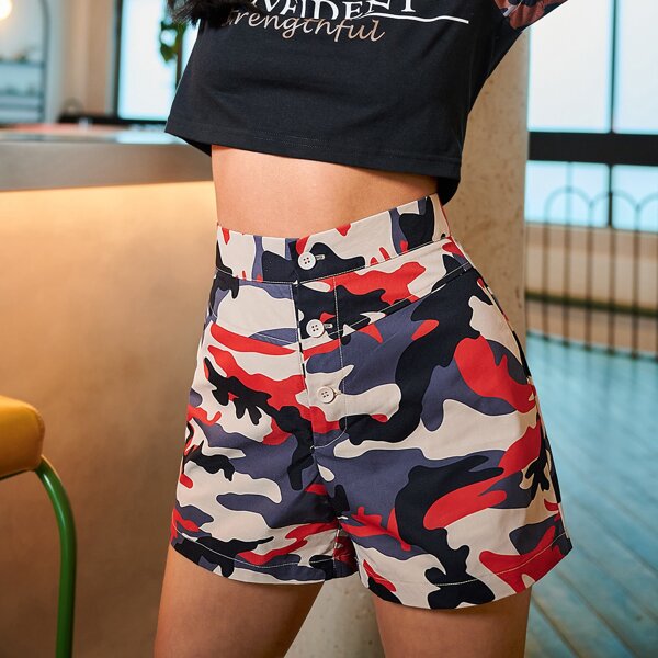 

Button Fly Camo Shorts, Multicolor