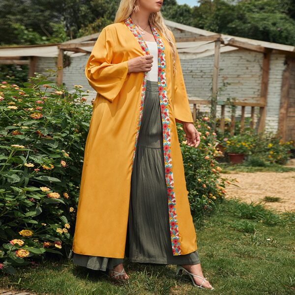 

Plus Floral Print Trim Open Front Kimono, Yellow
