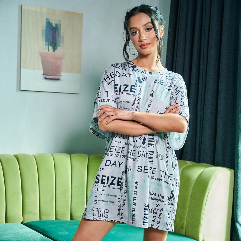 

Drop Shoulder Allover Letter Graphic Tee Dress, Multicolor