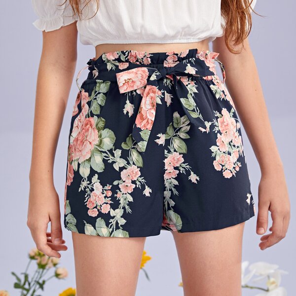 

Teen Girls Paperbag Waist Belted Floral Shorts, Multicolor