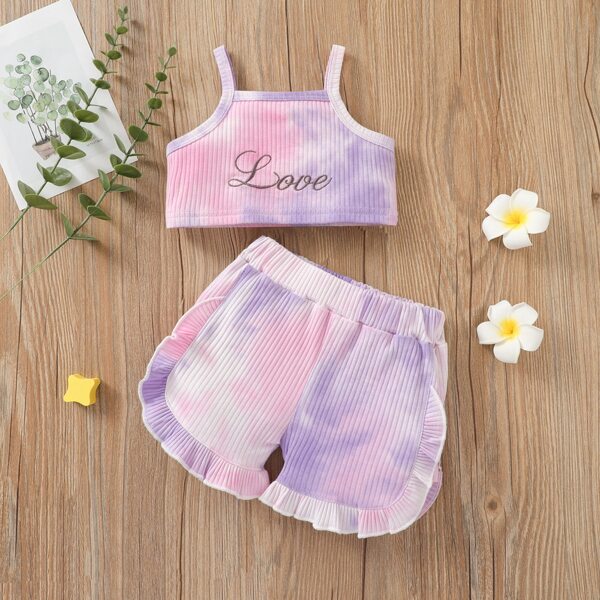 

Baby Girl Letter Embroidery Tie Dye Cami Top & Shorts, Multicolor