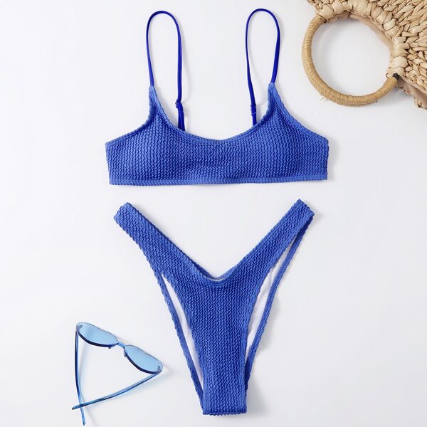 

Textured High Cut Bikini Swimsuit, Blue