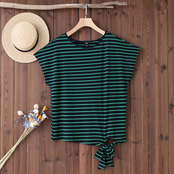 

Plus Striped Knot Hem Tee, Multicolor