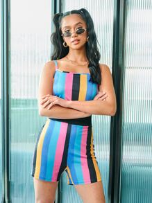 SHEIN EZwear Colourblock Striped Cami Romper - Multicolor - View 5