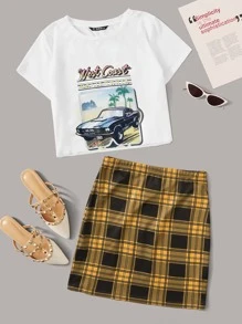 SHEIN EZwear 字母圖案上衣和格紋半身裙套裝 - 彩色 - 查看 1