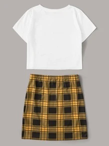 SHEIN EZwear 字母圖案上衣和格紋半身裙套裝 - 彩色 - 查看 2