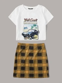 SHEIN EZwear 字母圖案上衣和格紋半身裙套裝 - 彩色 - 查看 4