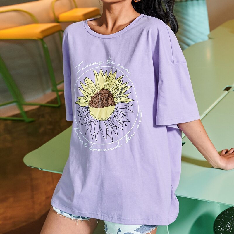 

Drop Shoulder Floral & Slogan Graphic Tee, Violet purple