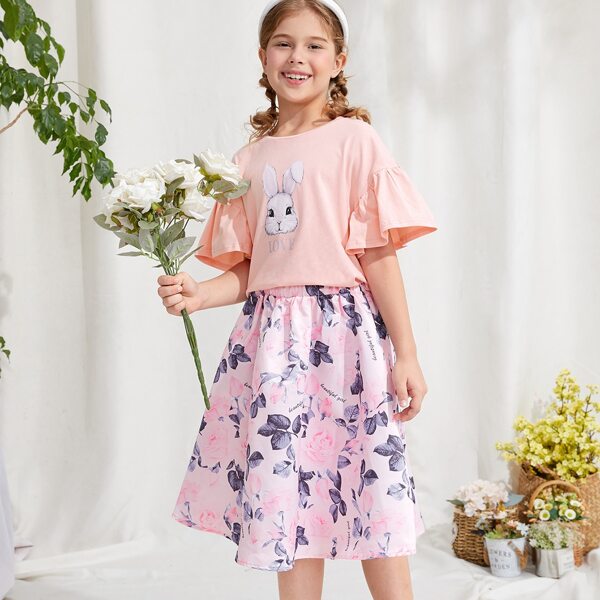 

Girls Bell Sleeve Rabbit & Letter Graphic Top And Floral Skirt Set, Multicolor