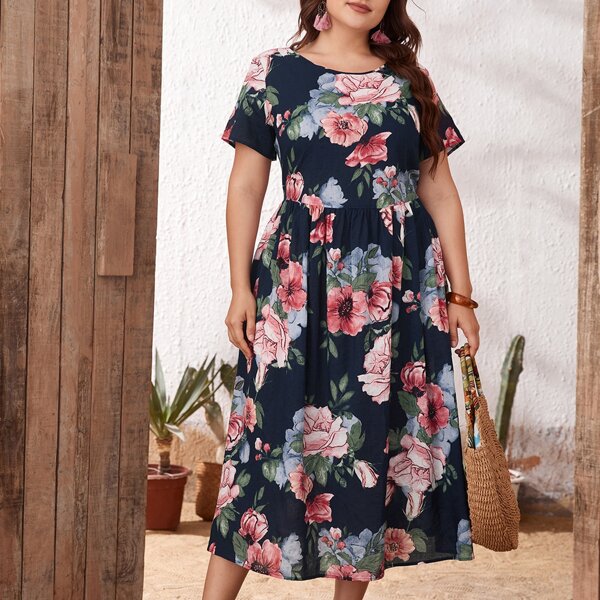 

Plus Floral Print Dress, Multicolor