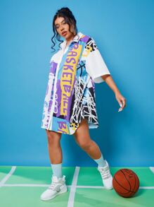 SHEIN EZwear Plus Drop Shoulder Basketball Print Blouse - Multicolor - View 1