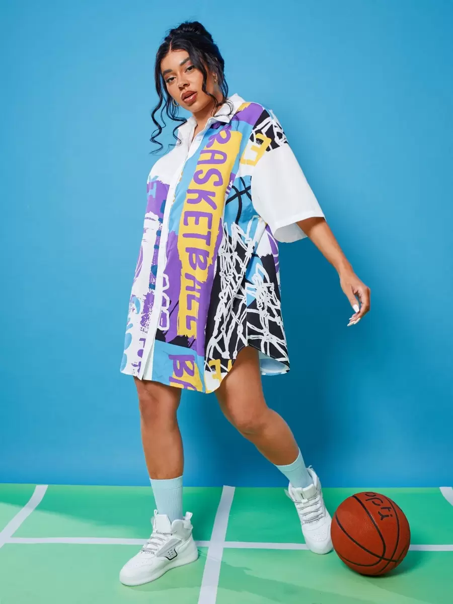 SHEIN EZwear Plus Drop Shoulder Basketball Print Blouse - Multicolor - View 1